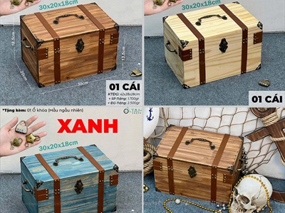 Rương gỗ viền da đinh tán 3 quai [03 Màu - Tặng ổ khóa] KT30x20x18cm RUONG-GO-04